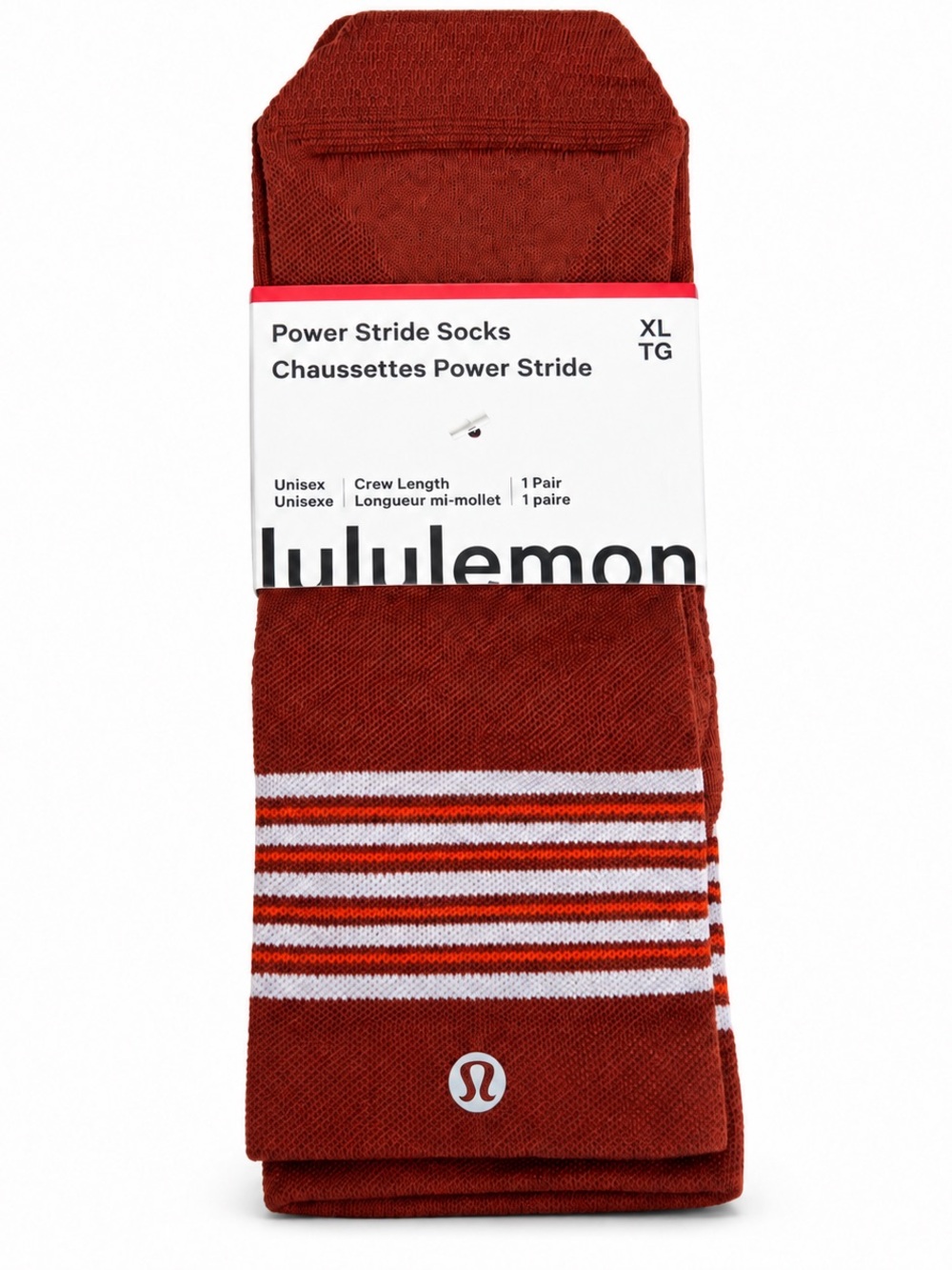 NWT Lululemon Power Stride Crew Socks XL Unisex Rust Orange Striped